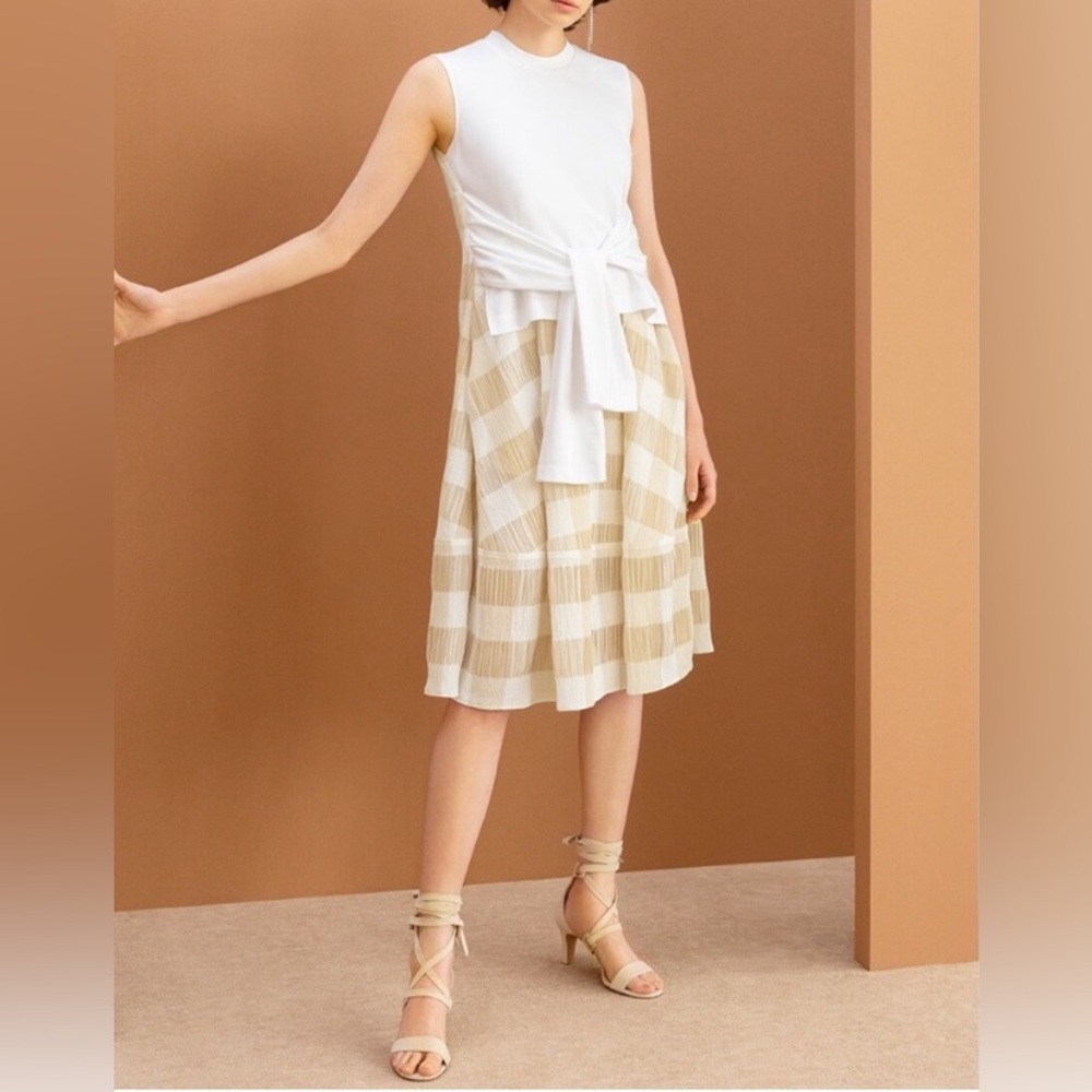 ADEAM Cream and Tan Midi Dress A-Line Pleated Resort Wear